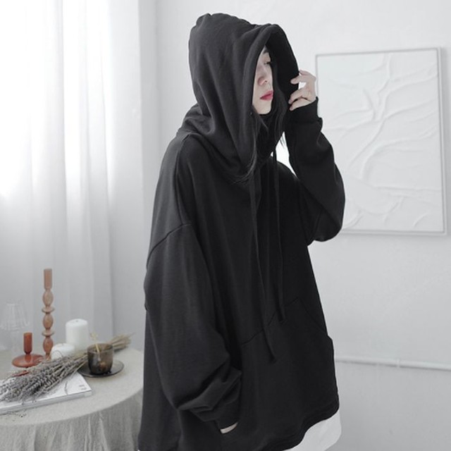 重ね着風 フード付きスウェット トレーナー パーカー フーディ バイカラー 無地 オーバー ルーズフィット カンガルーポケット ブラック ホワイト 黒 白 レディース メンズ ユニセックス 韓国 カジュアル ストリート モード お支払い後日以内に発送 Top381 Garcons