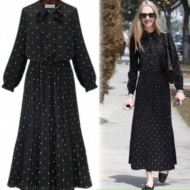 一部即納 ロングワンピース ロングワンピ レディース 大きいサイズ 水玉柄 ドットプリント リボンタイ 長袖 ロング丈 マキシ丈 ワンピース 秋冬新作 秋 秋色 秋服 秋sale ロングワンピース ロングワンピ Leaflower 001 リーフラワー レディースファッション専門店