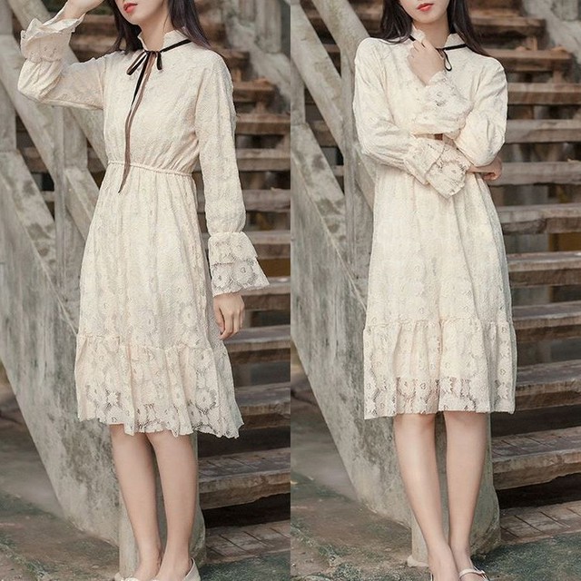 ワンピース 総レース ボウタイ 韓国 ファッション レディース リボン ロング丈 レトロ Aライン レースワンピース Dtc レディースファッション通販 Mask エムエーエスケー 大人可愛い韓国ファッション