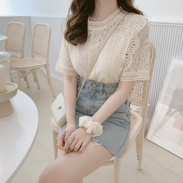 半袖トップス 総レース トップス レディース レーストップス 薄ピンク 夏服 透け レースシャツ ラウンドネック Rx0261 Raxia ラクシア