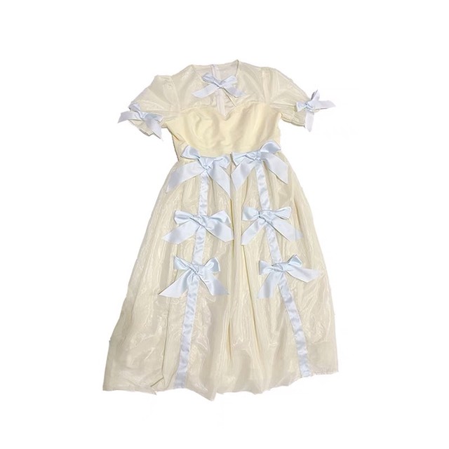 2パターン 水色 リボン 黄色 ガーリー ワンピース ドレス Loveysmileshop