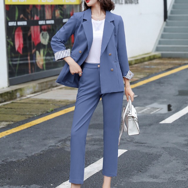 全3色 2点セット レディース スーツ 金wボタン 折返し袖 テーラード襟ジャケット パンツ セットアップ 長袖 ストライプ ブラック ブルー ピンク S M L Xl Favoriteselect