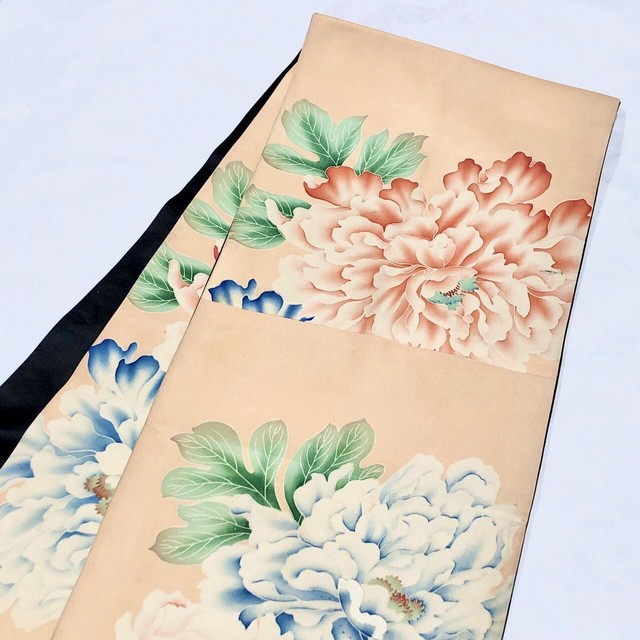 アプリコットオレンジ牡丹柄アンティーク昼夜帯 Kimono Tento