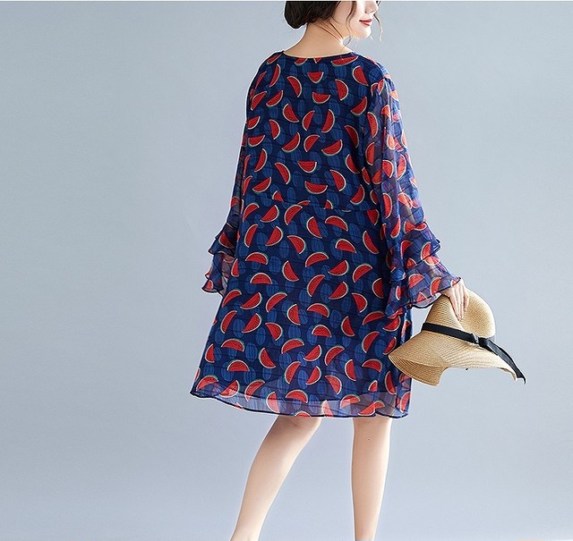 大きいサイズ レディース スイカ柄ワンピース 長袖 秋冬 春夏 ブルー フルーツ柄 フレア袖 シフォン S 大きいサイズ 送料無料 レディース通販店 ｋｅｃｃｈi 静岡 Base売り場