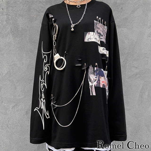 お支払い確認後日以内発送 Romelcheo ハンドカフス ダメージ ロンt 手錠 長袖 Tシャツ ロング丈 イラスト チェーン メンズ レディース ストリート系 原宿系 個性的 個性派 ロック パンク ダーク 病みかわ カジュアル ファッション ロメルチェオ Romelcheo