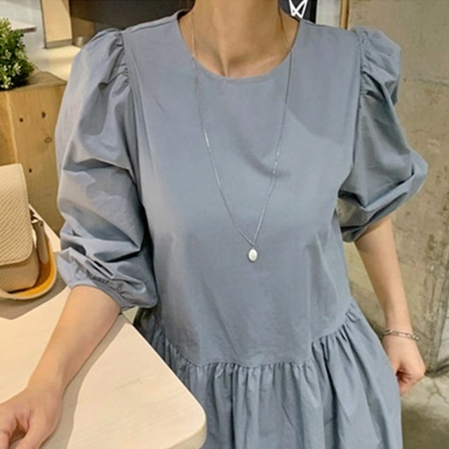 ワンピース 水色 レトロ可愛い パフスリーブ ラウンドネック ギャザーワンピース バックボタン ガーリー 大人可愛い 春夏 Choco Chaco