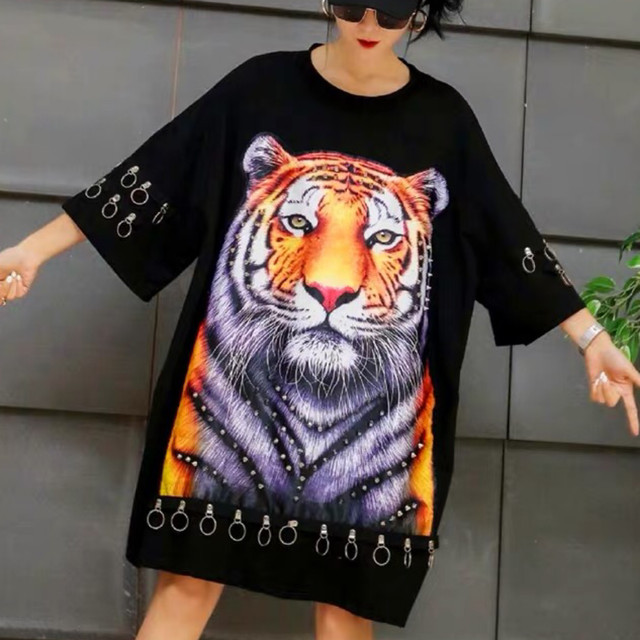 トラ チェック Tシャツ 黒 ワンピース Loveysmileshop