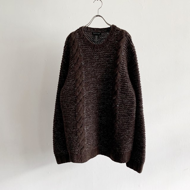 1128 Alpaca Mixed Knit Sweater ブラウン グレー ケーブルニット セーター アルパカ混 古着 Peecan