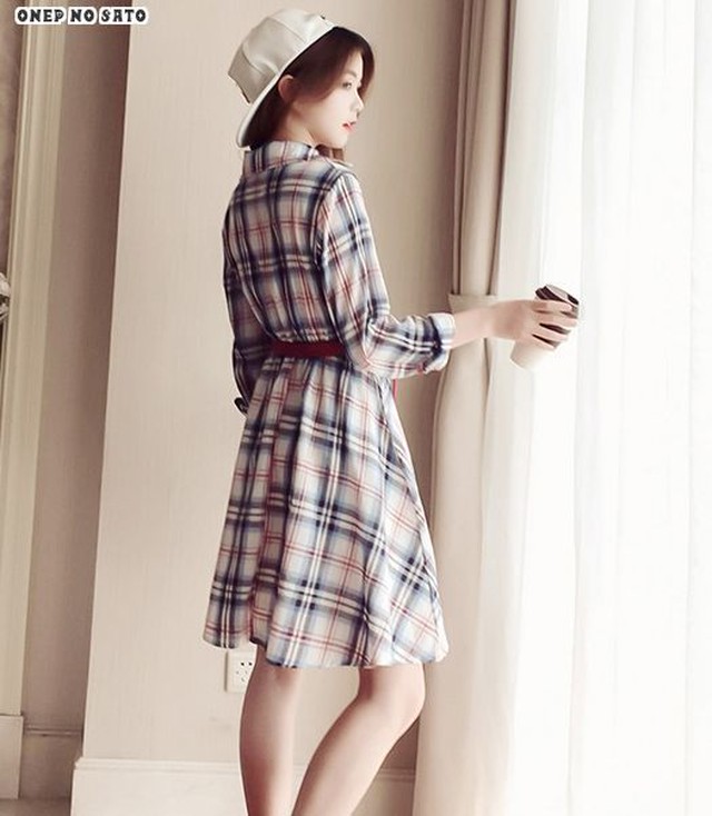 ミニ丈 長袖 ワンピース シャツ Vネック チェック カジュアル ゆったり 可愛い 韓国 18 ワンピース 秋冬 Jm9015 ワンピの里