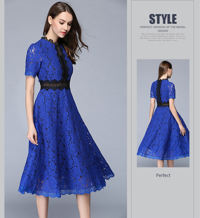 桜井日奈子さん 永島優美アナ 真飛聖さんご着用 D061 ブラックレース切替 レース ワンピース ブルー ベージュ 結婚式 パーテォードレス 二次会 半袖 ミモレ丈 袖あり 上品 青 ロングワンピース パーティー 茶系 黒 膝丈 膝下 ロング ミディ フレア 総レース