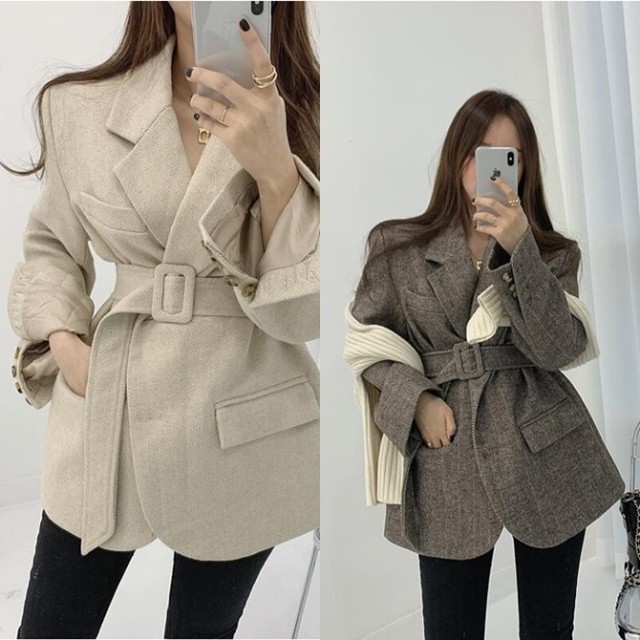 ジャケット 冬 コート レディース ウエストベルト 韓国 ファッション 冬服 レディース テーラード コート ショート丈 ウエストマーク へリンボーン オフィスカジュアル 上品 おしゃれ オーバーサイズ テーラードジャケット コート レディース Vestito