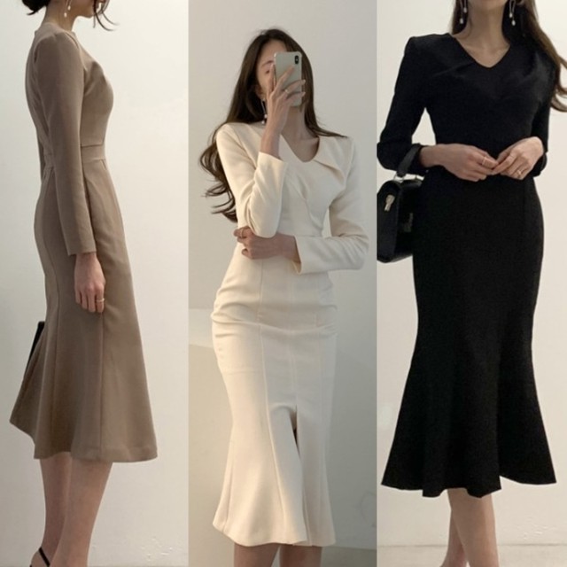 ワンピース ドレス 上品 お呼ばれ 韓国 ファッション 春 レディース ｖネック ワンピース 長袖 ワンピース ミモレ丈 白 黒 ベージュ 清楚 オフィスカジュアル シック フォーマル パーティー ワンピ ブライダル 二次会 結婚式 Vestito