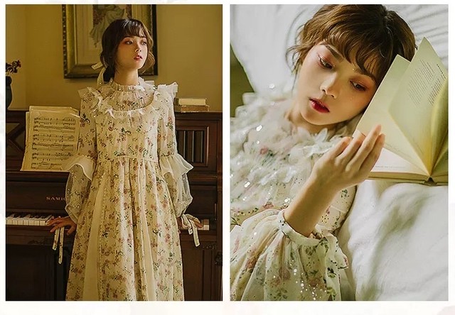 ガーリー ワンピース 花柄 フリル フレア Xl マキシ スカート ブラウス 原宿 森ガール Loveysmileshop