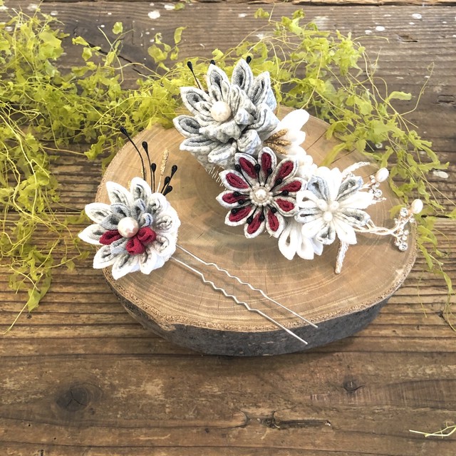 つまみ細工コーム かんざしセットグレー ピンク和装髪飾り Maison By Dress Coco