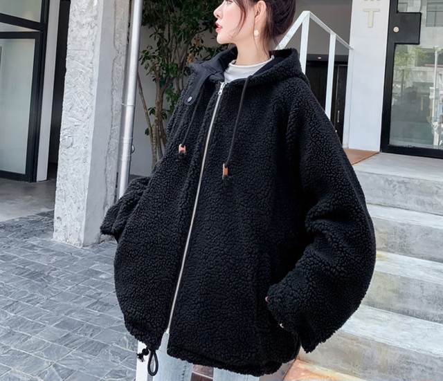 リバーシブル ブルゾン レディース アウター コート ジャケット 3色 ボア生地 長袖 無地 カジュアル フード付き 着回し ポケット ジップアップ 秋 冬 Lalas