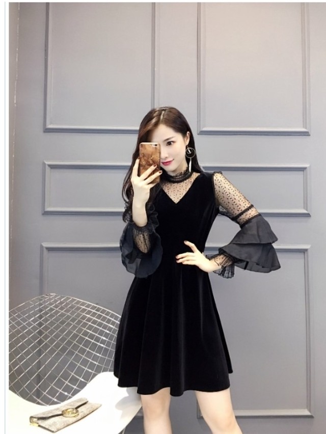 冬服 韓国 レディース レディース 韓国ワンピース パーティードレス Vネック 黒 ブラック お呼ばれ 結婚式 二次会 謝恩会 発表会 Basecamp49