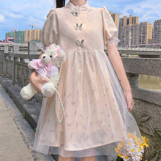 透け感ありパフスリーブbutterfly蝶チュールワンピースドレスop スウィート ステッチ ゴスロリ Sm ミリ 甘ロリ クラロリ 和ロリ エレガント 黒ロリ 姫ロリ 華ロリ Albertina Gothic