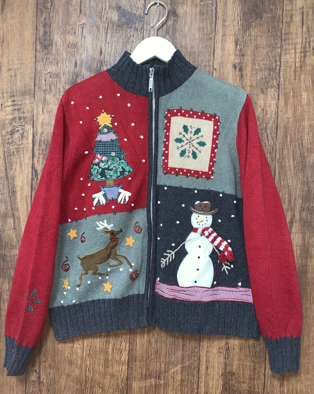 カラフル クリスマス セーター ニット カーディガン アグリー 立体 刺繍 手刺繍 アップリケ 雪だるま ツリー トナカイ アメリカ Usa Vintage Used 古着 Club723 N142 Club723