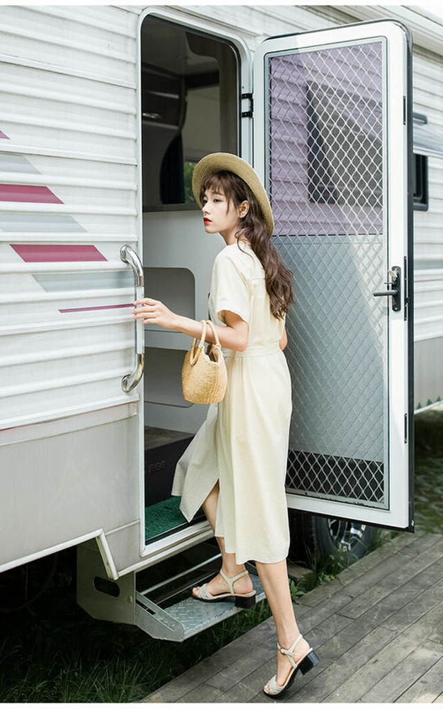 夏 人気 ワンピース 前あき ワンピース 半袖 Vネック フレア 膝下 ガーリー 可愛い 春 夏 Ky4379 Girl Top