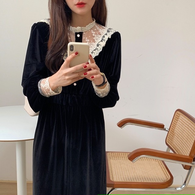 1084 レース使いがシックでガーリーなベルベットブラックワンピース ブラック 海外のプチプラきれいめカジュアルレディースファッション Pakaian Lucu 海外のプチプラきれいめカジュアルレディースファッション Pakaian Lucu
