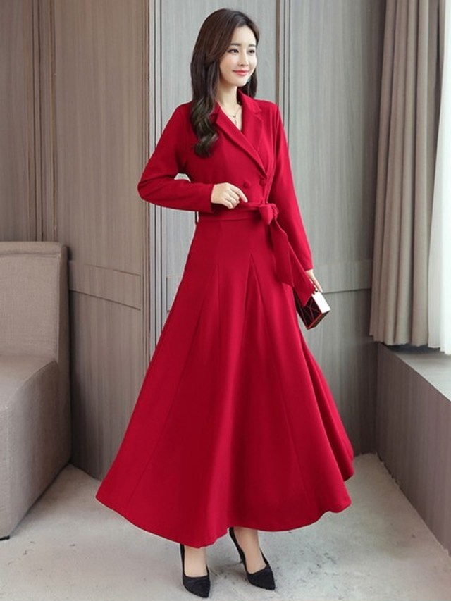 ワンピース 長袖 ロングワンピース ロングフレアワンピース フレアワンピース 上品ワンピース 体型カバー 開襟 トレンチ風 エレガント きれいめ 謝恩会 食事会 お呼ばれ 赤 黒 865 商品ページを見る 管理用id Mhf Clothes