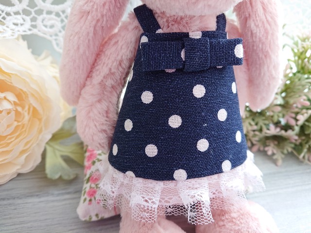 ネイビーサマードットの爽やかワンピース ジェリーキャット ぬいぐるみ服 Fraise Dress