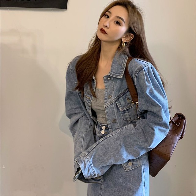 セットアップ レディース 春秋 上下 ２点セット ツーピース デニム ジャケット デニム ミニ丈 スカート シンプル カジュアル おしゃれ メンズライク お出かけ デート 通勤 通学 学生 キャンパス 旅行 普段着 ブルー 青 ブラック 黒 Hf085 Haru Meets Foo