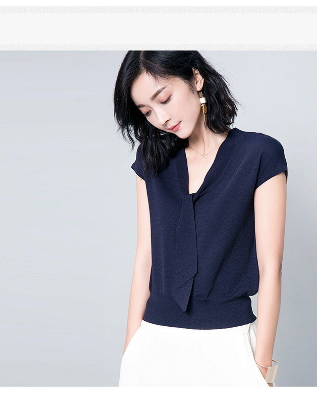 送料無料 ニット サマーニット 半袖 カットソー トップス レディース ボウタイ リボン シンプル オフィス カジュアル 通勤 フリーサイズ 体型カバー 春 夏 ネイビー ホワイト ブラック ラベンダー Lilyadorer リリーアドレ Mer0058 インナーショップ Lily Adorer