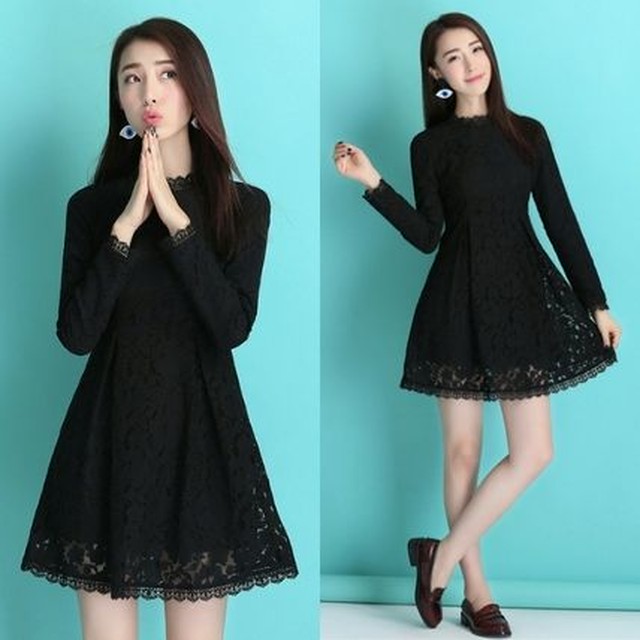 黒レース ミニパーティードレス 長袖 ワンピース 結婚式 衣装 Bianka