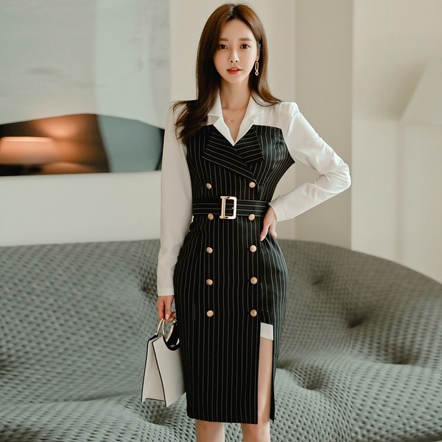 Ol風 ダブルブレストストライプ柄着痩せワンピ Loner Select 韓国ファッション 海外ファッション セクシーコーデ ギャル服