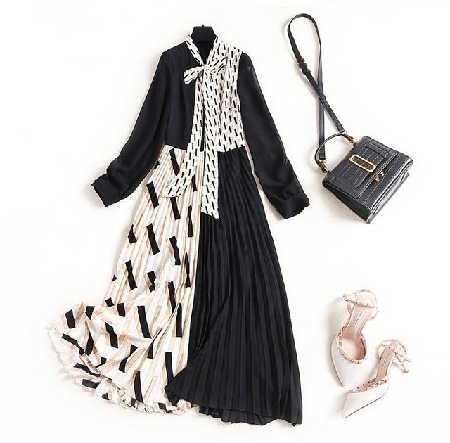 アシンメトリー ボウタイ ワンピース プリーツ 上品 切り替え プリント リボン シフォン 大人可愛い きれいめ Rmd64 Top Mode