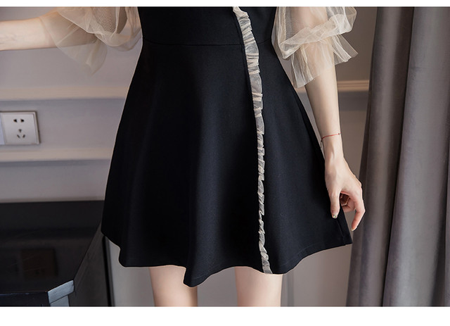 ワンピース きれいめ ミニ丈 ショート丈 七分袖 シースルー 透け感 ミニワンピース フェミニン ガーリー ピンク イエロー フレア ａライン Evergreen