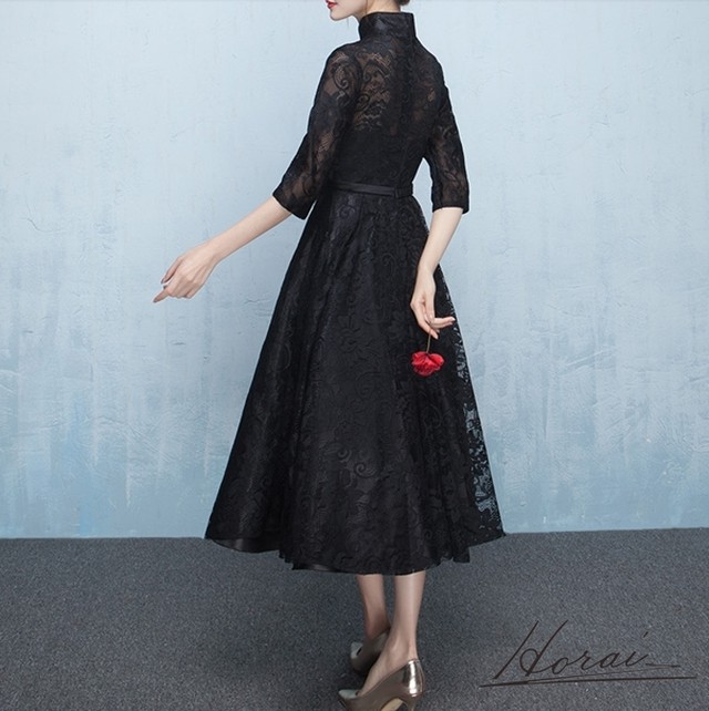 S ブラック ミモレ即納 総レースパーティードレス ドレス ハイネック ウエストリボン ワンピース ミモレ丈 Aライン 七分袖 エレガントパーティードレス 結婚式 ワンピース ドレス 大きいサイズ Horai