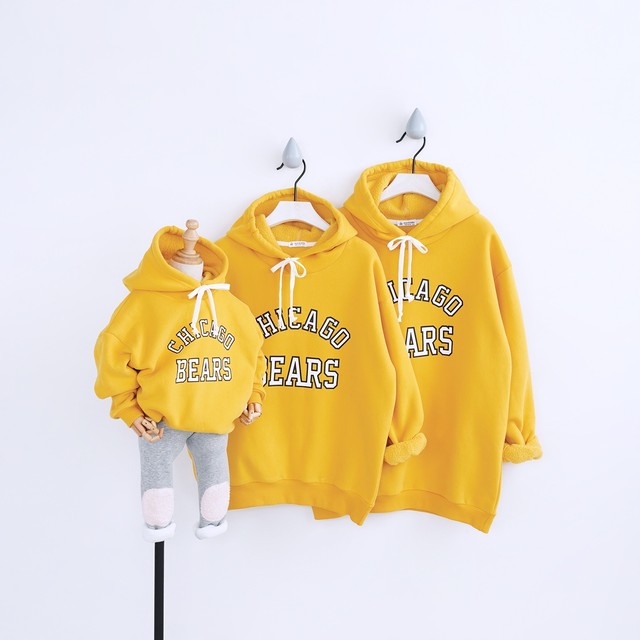 K01 親子コーデ マスタードイエロー裏起毛フードスウェットトレーナーパーカー 大人サイズ Remilkids