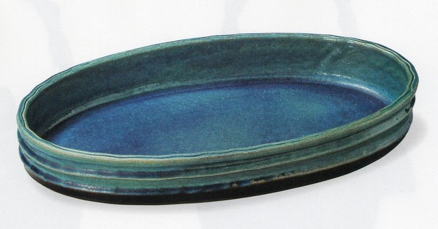 信楽焼 ブルーガラス小判水盤 号 信楽焼き 陶器 花瓶 花入れ 花器 壺 壷 つぼ 水盤 フラワーベース 生け花 アレンジ 華道 ｉ Shigaraki