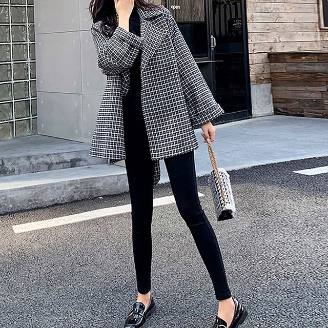 即納 チェック柄 ベルト付き ジャケット ロング丈 テーラード 上着 トレンチコート ピーコート レディース アウター M L 黒 ブラック Ns 1018 Daily Closet