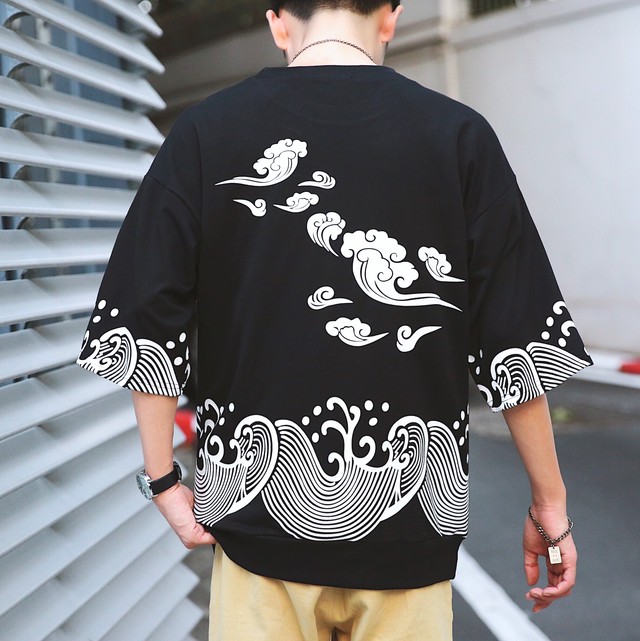 メンズ 和柄 Tシャツ オーバーサイズ ビッグシルエット ブラック 五分袖 七分袖 大きいサイズ Zen ゼン