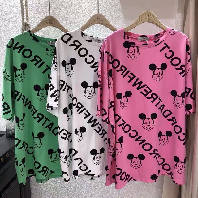 T19 送料無料 5色 春カラー オーバーサイズ ミッキーtシャツ オーバーサイズ ルーズサイズ オーバーサイズt ルーズtサイズt ミッキーt 総柄ロゴtシャツ 総柄ミッキーtシャツ ルームウェア リンクコーデ 家族コーデ カップルコーデ ディズニーコーデ イベント フェス 春