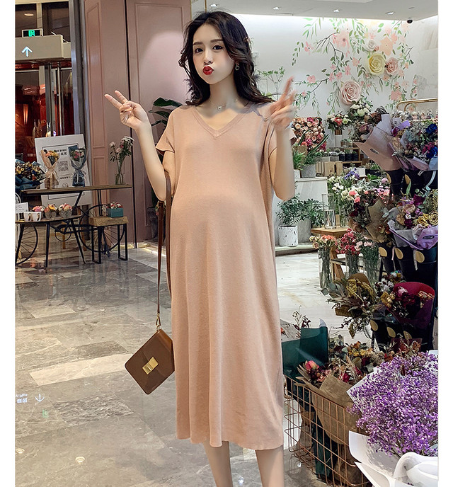 マタニティ Vネックワンピース ニット生地 半袖 シンプル 無地 マタニティーワンピース専門店 Ninpuku