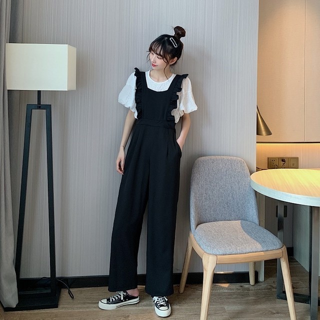 レディース 可愛い ゆったり ラウンドネック ふんわり袖 オーバーオール オシャレ 2点セット セットアップ 75shops