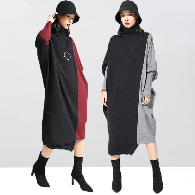モード系 秋冬 ニット ワンピース バイカラー ミモレ丈 アシンメトリー ゆったり 大人きれいめ かわいい モード服 シック オルチャン 原宿系 10代 代 Dressyなファッション モード ゴスロリのお店 Ladies Fashion Seasonz