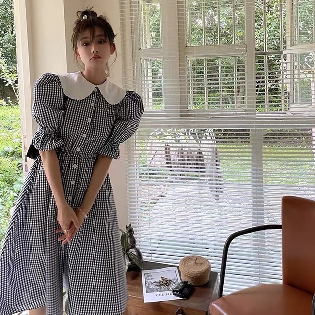 puff sleeve check dress