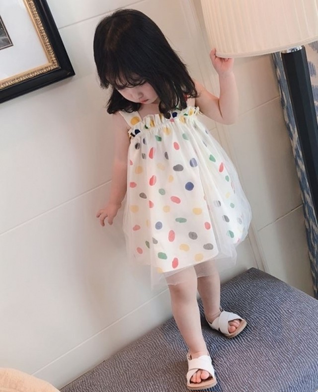 子供服 女の子 ワンピース ワンピ かわいい ノースリーブ ワンピース マルチカラー ドット柄 水玉 チュールレース キャミワンピ 春夏 新作 春服 夏服 Sale 子供服 女の子 ワンピース ワンピ Leaflower 001 リーフラワー レディースファッション専門店