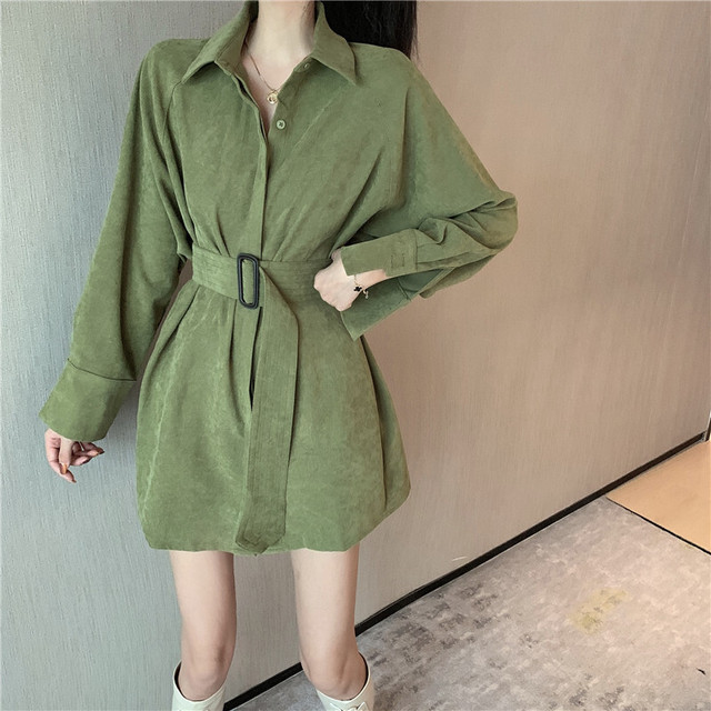 ワンピース きれいめ ミニ丈 ショート丈 ミニワンピース コーデュロイ ウエストマーク ハイウエスト ブラック 黒 グリーン カジュアル シンプル 大人 Evergreen