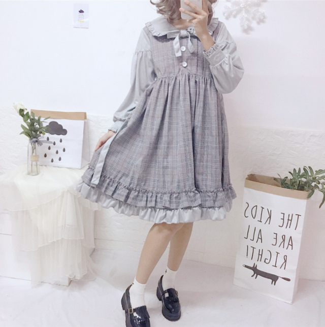 甘かわワンピース レイヤード風 ひざ丈 ワンピース ワンピース レディース レイヤード風 重ね着風 長袖 ひざ丈 スカート ロリータ ロリィタ フリル フリル襟 甘かわ かわいい レトロ カントリー風 10代 代 フリーサイズ 送料無料 韓国レディース キッズ