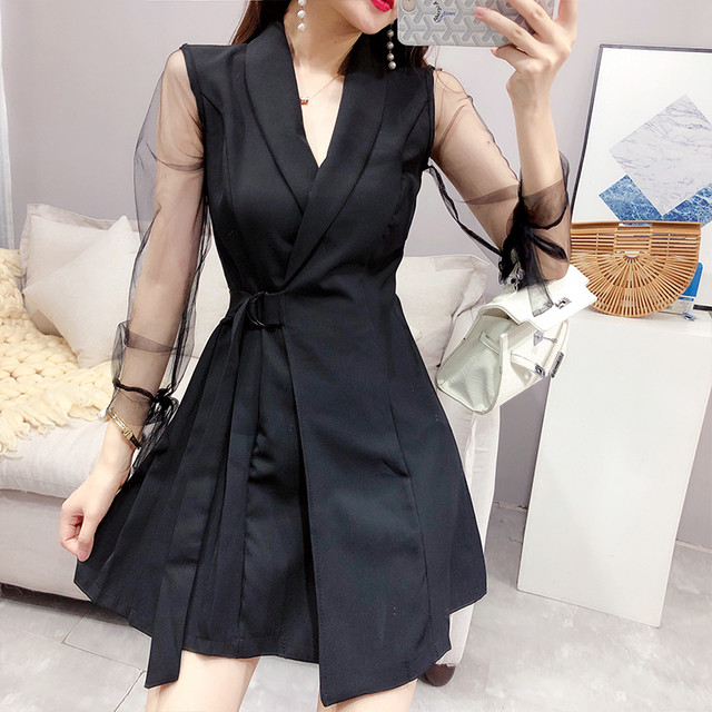 ジャケット風 袖レース プリーツデザイン 長袖 フレアミニワンピース ミッキー ミニー ヴィランズ 白 黒 M L 7058 オフィスカジュアルとガーリーワンピース ブラウスのmeow24h ミャオトゥエンティフォーエイチ