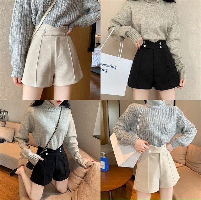 ショートパンツ ウール 無地 キュロット ホットパンツ ハイウエスト タック入り レディース 10代 代 30代 春 秋 冬 L M S Laff Store 会社情報 納期の確認をお願いします