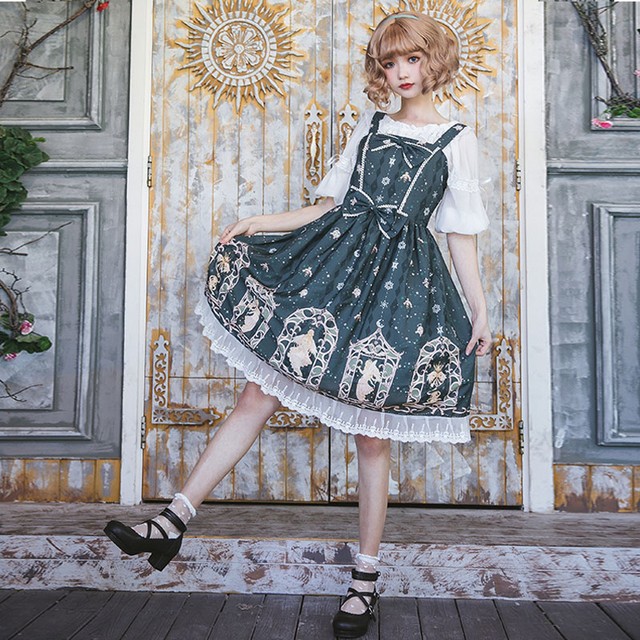 ロリータドレス Jskワンピース キャミワンピ クラシカルロリ 洋服 クラロリ ロリィタ Lolita Aライン オリジナル お茶会 デート イベント 春 夏 ロリ S M L Xl ノースリー レース ビリジャン Mintcat