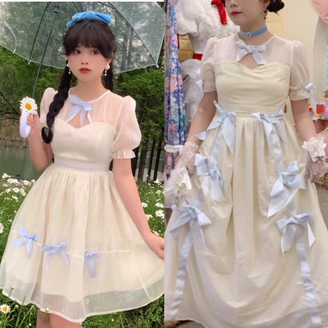 2パターン 水色 リボン 黄色 ガーリー ワンピース ドレス Loveysmileshop