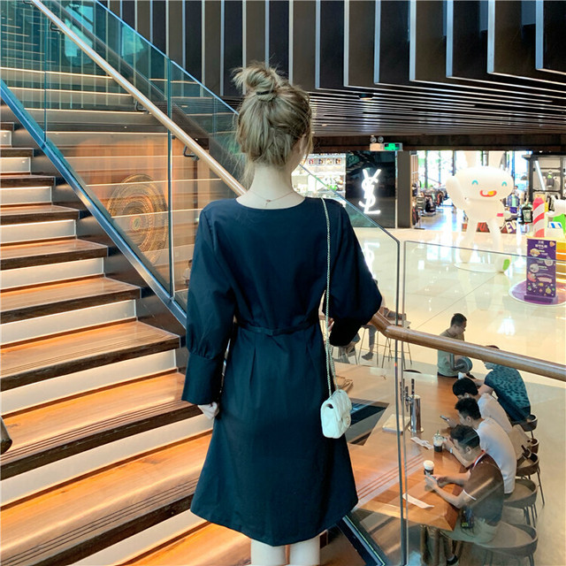 Vネックワンピース ブラウスワンピース ダブルボタン ベルト付き ウエストベルト ひざ丈 ブラック 大人カジュアル かわいい 韓国 オルチャン Like Fashion プラス